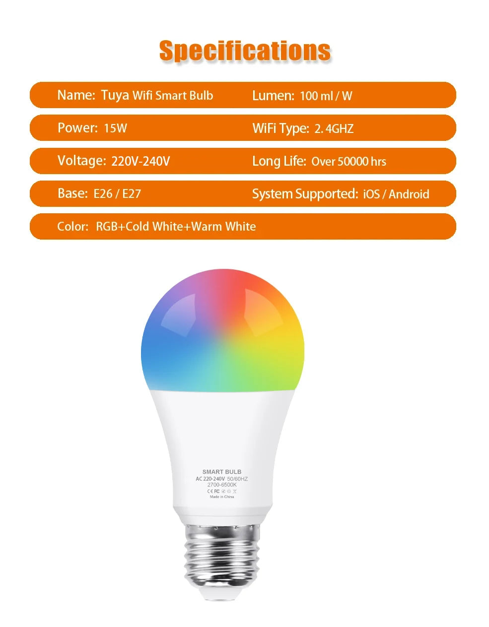 Bombilla Led inteligente E27, lámpara RGB CW WW, Wifi