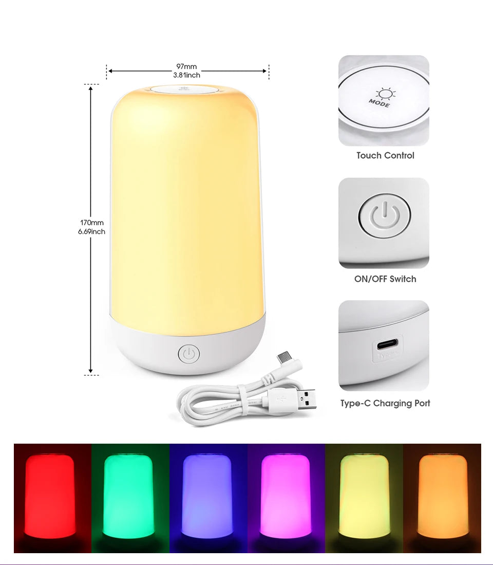 Lámpara de Mesita de Noche RGB Inteligente con Control Táctil y Bluetooth – Recargable y Regulable