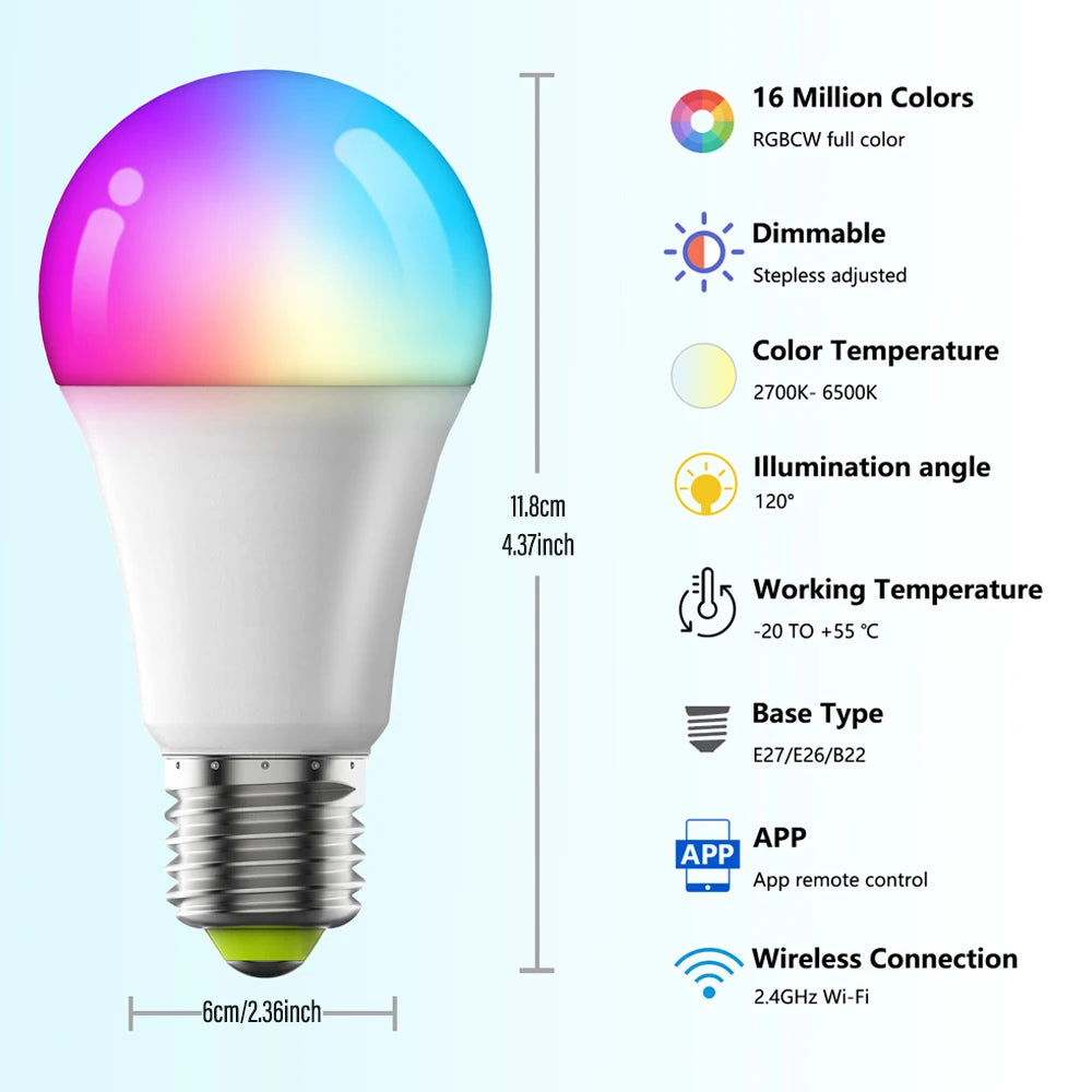 Bombilla LED inteligente A19-E27, WiFi y BLE 5,0, iluminación RGB regulable para el hogar