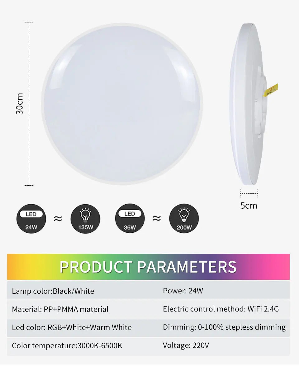 Luz de techo LED inteligente con WiFi, RGB, 220V