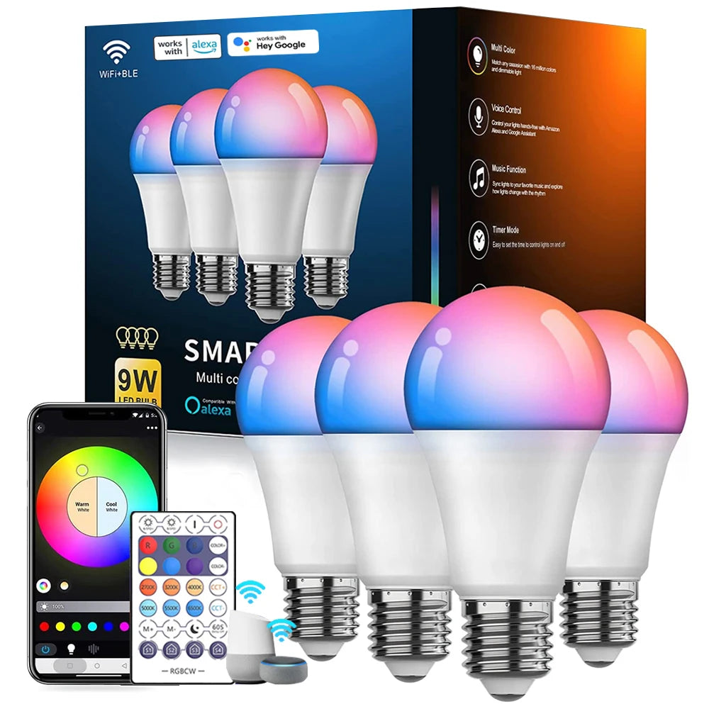 Bombilla LED inteligente A19-E27, WiFi y BLE 5,0, iluminación RGB regulable para el hogar