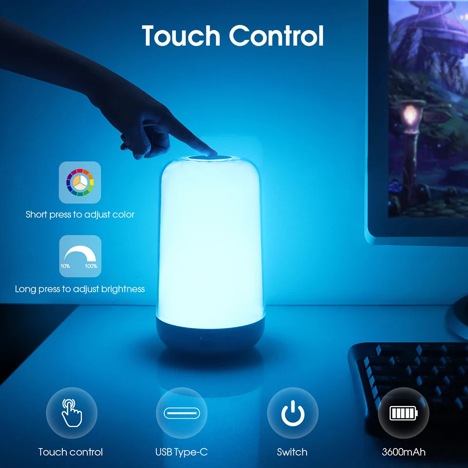 Lámpara de Mesita de Noche RGB Inteligente con Control Táctil y Bluetooth – Recargable y Regulable
