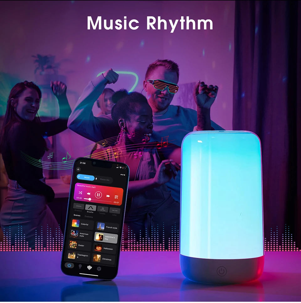Lámpara de Mesita de Noche RGB Inteligente con Control Táctil y Bluetooth – Recargable y Regulable
