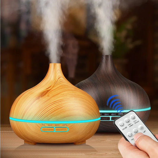 Humidificador de aire de 500ml, difusor de aceites esenciales de aromaterapia, grano de madera, Control remoto ultrasónico, luces de 7 colores para el hogar y el dormitorio